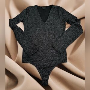 Express Deep V Neck Bodysuit in Black with Silver Shimmer, Size M.